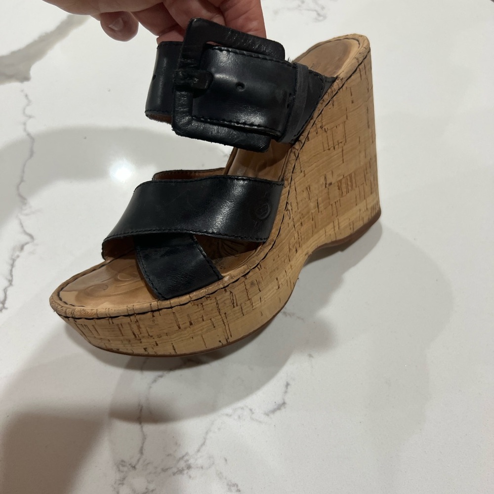 Born Black Leather Wedge Sandals